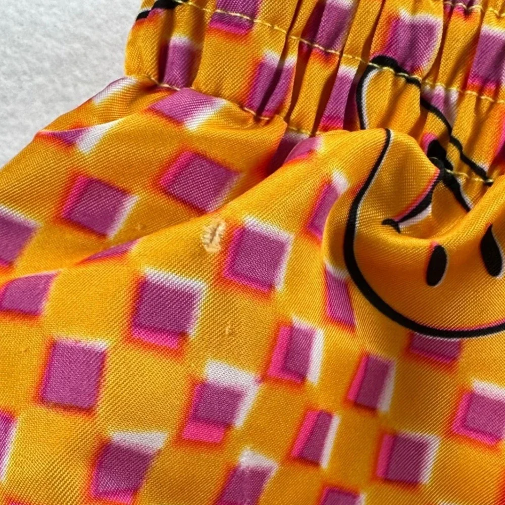 Nike Kids Large Orange Pink Checkered Smiley Face Swim Hyrbid Trunks Shorts Flaw